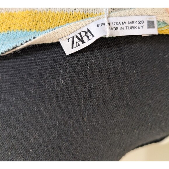 Zara Rustic Halter Neck Mini Dress Blue Yellow Striped Knit Beach Medium - Picture 7 of 9